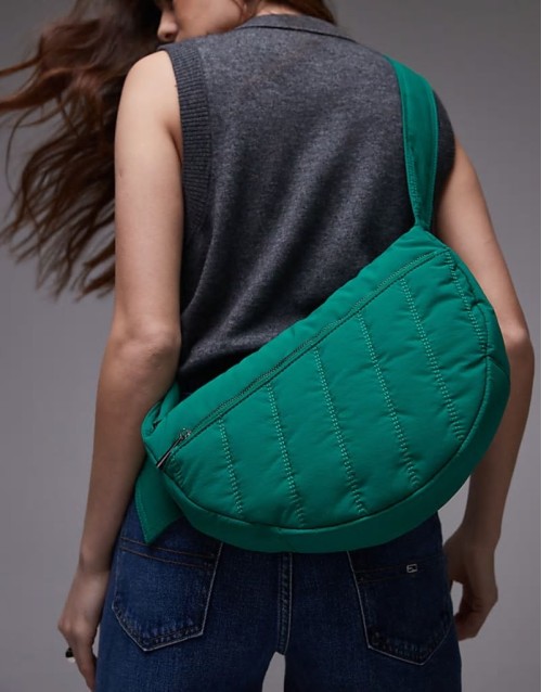 Cora nylon quilt cross body bag with front pocket in green