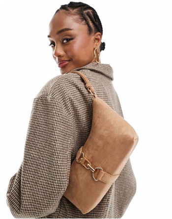 faux suede dog clip shoulder bag in tan