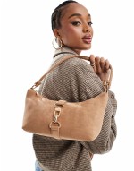 faux suede dog clip shoulder bag in tan
