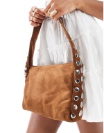 baguette studded bag in brown faux suede