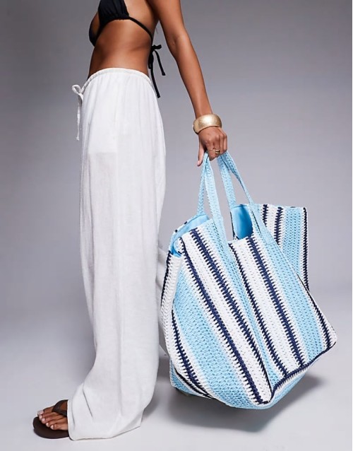 oversized woven shoulder bag in blue stripe