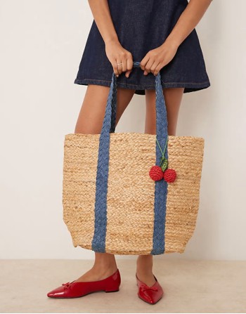 Jute straw shoulder bag denim strap and cherry charm in beige