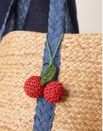 Jute straw shoulder bag denim strap and cherry charm in beige