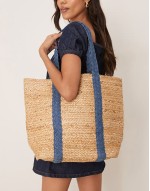 Jute straw shoulder bag denim strap and cherry charm in beige