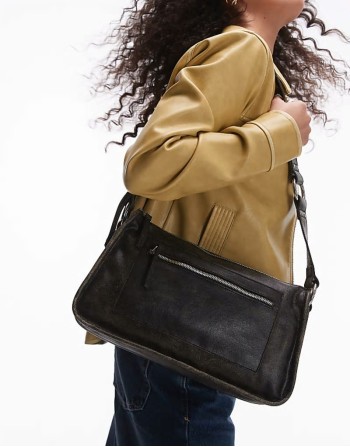 square worn leather effect shoulder bag in black