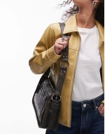 square worn leather effect shoulder bag in black