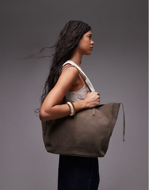 suede shoulder tote bag in light brown