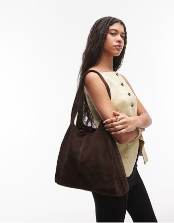 gold detail tie suede tote bag in brown