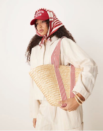 medium straw tote bag with contrast stripe straps in beige
