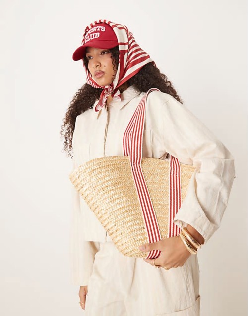 medium straw tote bag with contrast stripe straps in beige