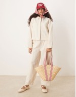 medium straw tote bag with contrast stripe straps in beige
