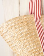 medium straw tote bag with contrast stripe straps in beige