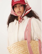 medium straw tote bag with contrast stripe straps in beige